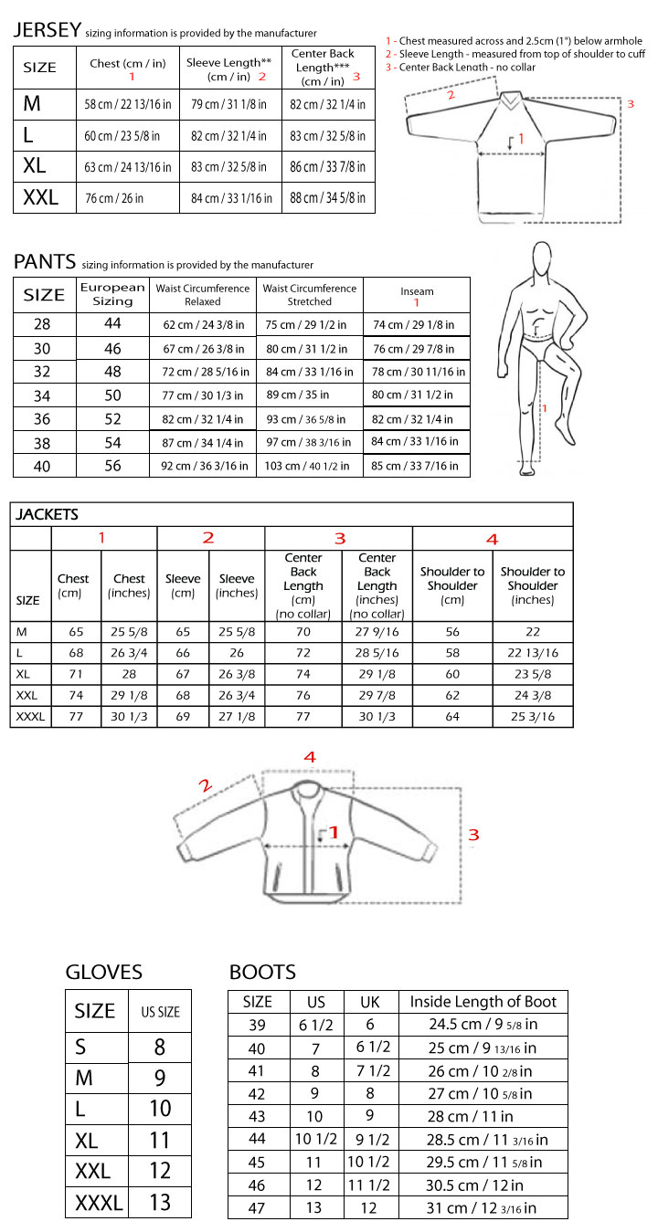 Acerbis Motorcycle Gear Sizing Charts