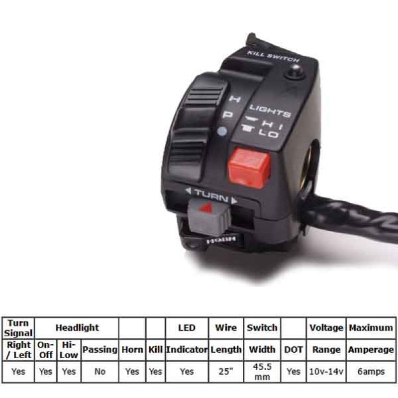 K & S D.O.T. Universal Switch: Turn Signal / Horn / Headlight On-Off / High-Low / Passing Flash Button